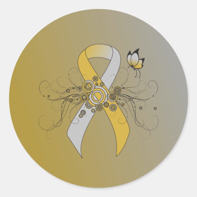 Gold and Silver Ribbon with Butterfly Classic Round Sticker (Front)