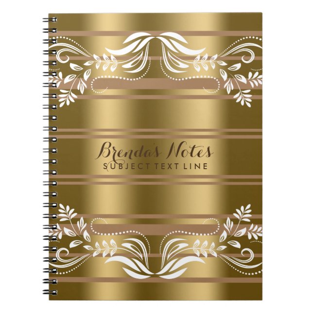 Gold And Tan Stripes With White Floral Lace Notebook (Front)