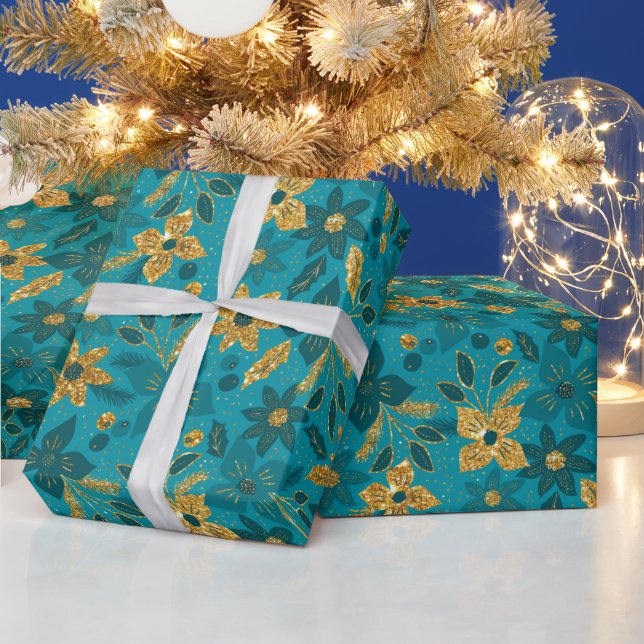 Gold and Teal Blue Christmas Poinsettia Flowers Wrapping Paper (Holidays)