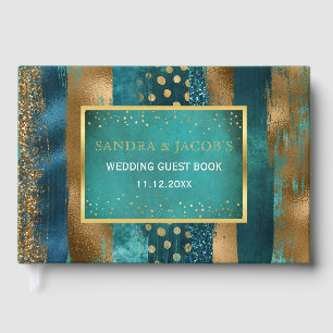 Gold and teal brush strokes and confetti wedding guest book