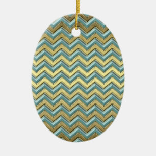 Gold and Teal Chevron Pattern Ceramic Ornament