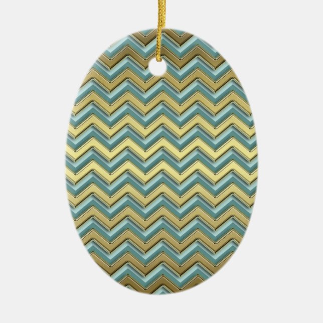 Gold and Teal Chevron Pattern Ceramic Ornament (Front)