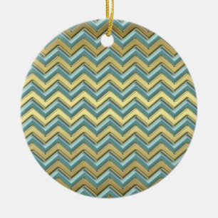 Gold and Teal Chevron Pattern Ceramic Tree Decoration