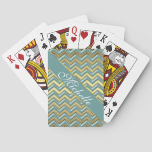 Gold and Teal Chevron Pattern Playing Cards
