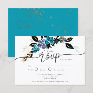 Gold and teal, dramatic floral invitation