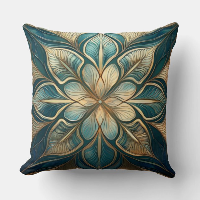 Gold and Teal Floral Mandala - Sophisticated Desig Cushion (Front)
