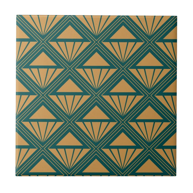Gold and teal green Art Deco design with rhombuses Ceramic Tile (Front)
