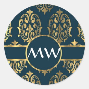 Gold and teal green damask pattern classic round sticker