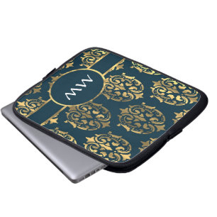 Gold and teal green damask pattern laptop sleeve