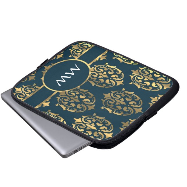 Gold and teal green damask pattern laptop sleeve (Front Bottom)