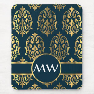 Gold and teal green damask pattern mouse pad