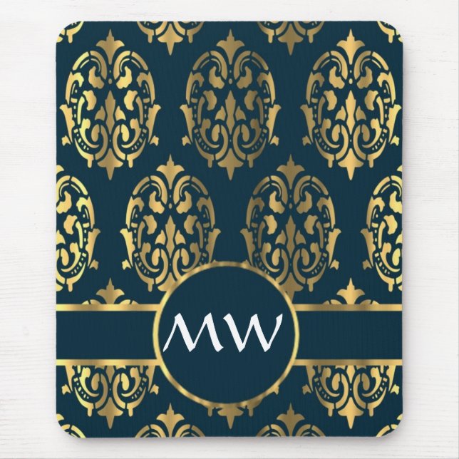 Gold and teal green damask pattern mouse pad (Front)
