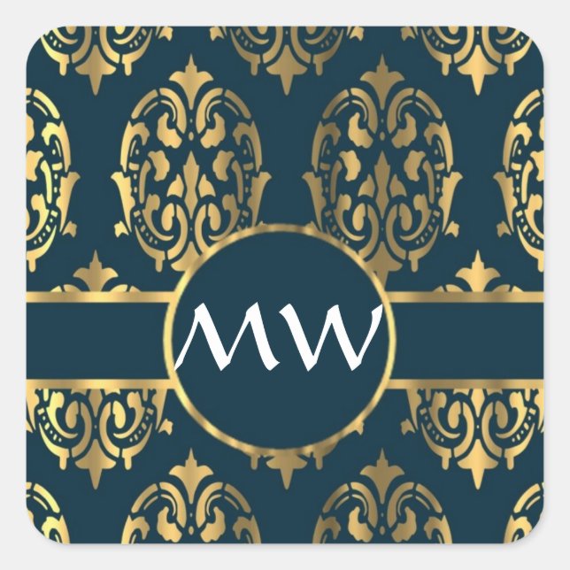 Gold and teal green damask pattern square sticker (Front)