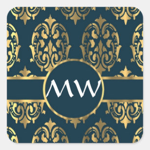 Gold and teal green damask pattern square sticker