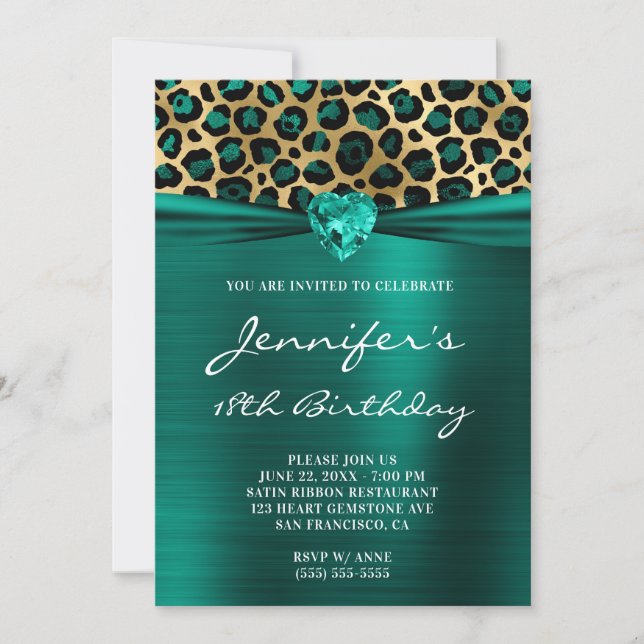 Gold and Teal Green Leopard Foil 18th Birthday Invitation (Front)