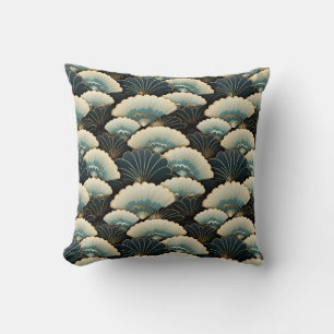 Gold and Teal Japanese-inspire Fan Patterned Cushion