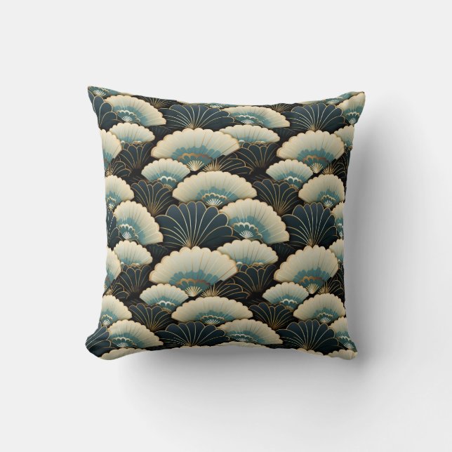 Gold and Teal Japanese-inspire Fan Patterned Cushion (Front)