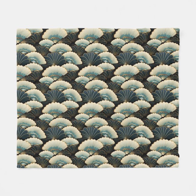 Gold and Teal Japanese-inspire Fan Patterned Fleece Blanket (Front (Horizontal))