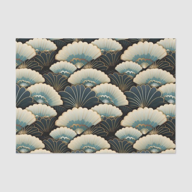 Gold and Teal Japanese-inspire Fan Patterned Tissue Paper (Front)