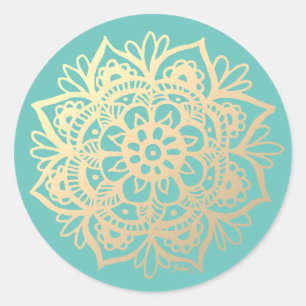 Gold and Teal Mandala Flower Classic Round Sticker