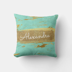 Gold and Teal Marble with Gold Foil and Glitter Cushion