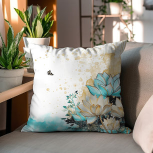 Gold And Teal Mid-Century Watercolor Flowers  Cushion