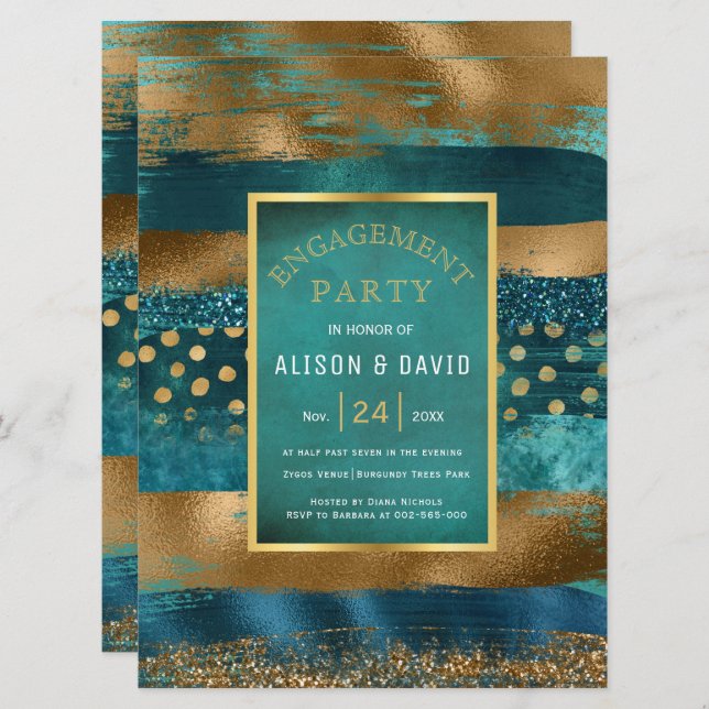 Gold and teal paint strokes engagement party invitation (Front/Back)