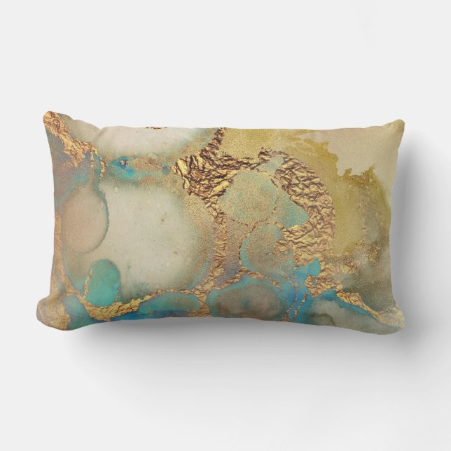 gold and teal painted lumbar cushion (Front)