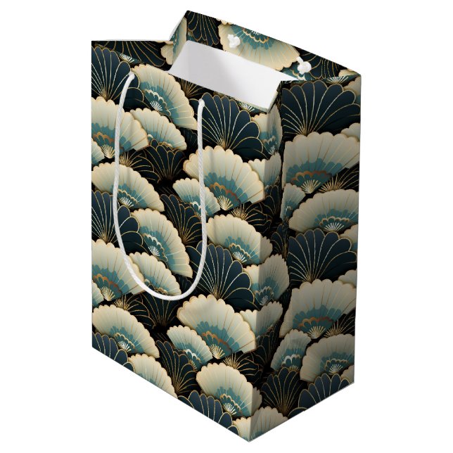 Gold and Teal Patterned Japanese-inspire Fan Motif Medium Gift Bag (Back Angled)