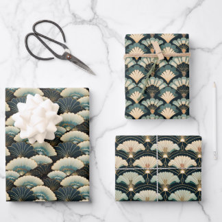 Gold and Teal Patterned Japanese-inspired Set of Wrapping Paper Sheet
