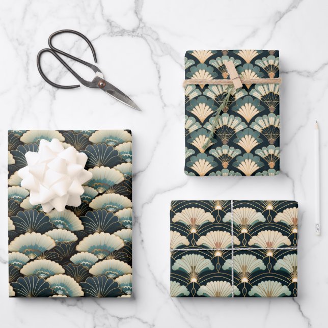 Gold and Teal Patterned Japanese-inspired Set of Wrapping Paper Sheet (Front)