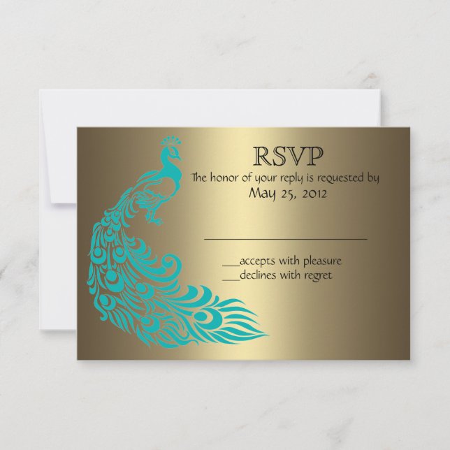 Gold and Teal Peacock RSVP Invitations (Front)