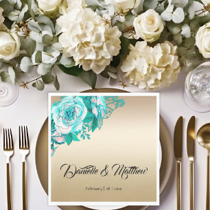 Gold and Teal Roses Wedding Napkin