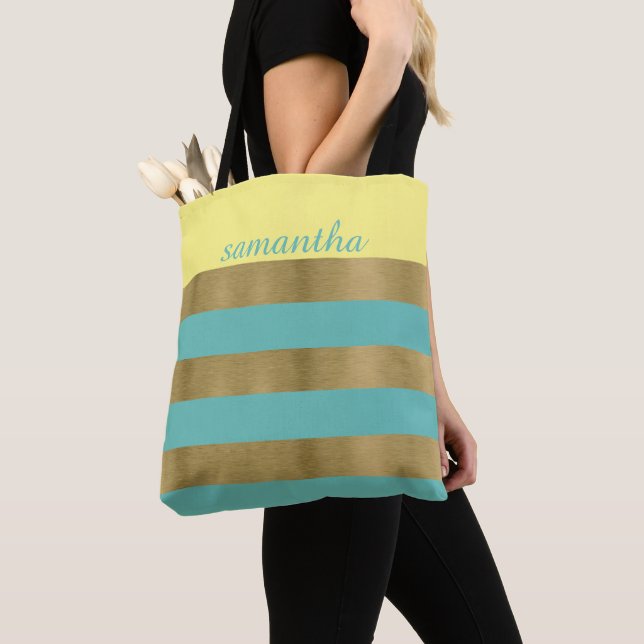 Gold and Teal Stripes Tote Bag (Close Up)