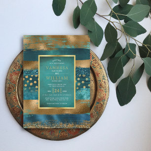 Gold and teal strokes and confetti wedding invitation