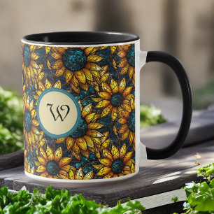 Gold and Teal Sunflower Stained Glass Monogram Mug
