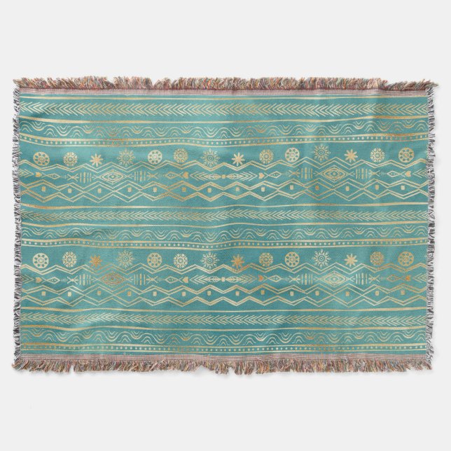 Gold and Teal Tribal Doodling Design Throw Blanket (Front)