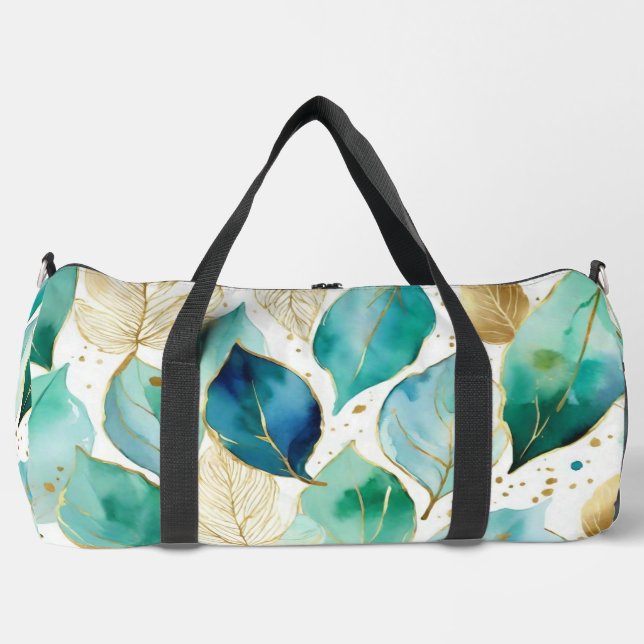 Gold and Teal Watercolor Leaf Pattern Duffle Bag (Front)