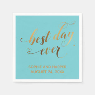Gold and Turquoise Best Day Ever, Hearts Script Napkin