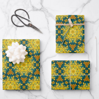 Gold and turquoise blue vintage star pattern wrapping paper sheet