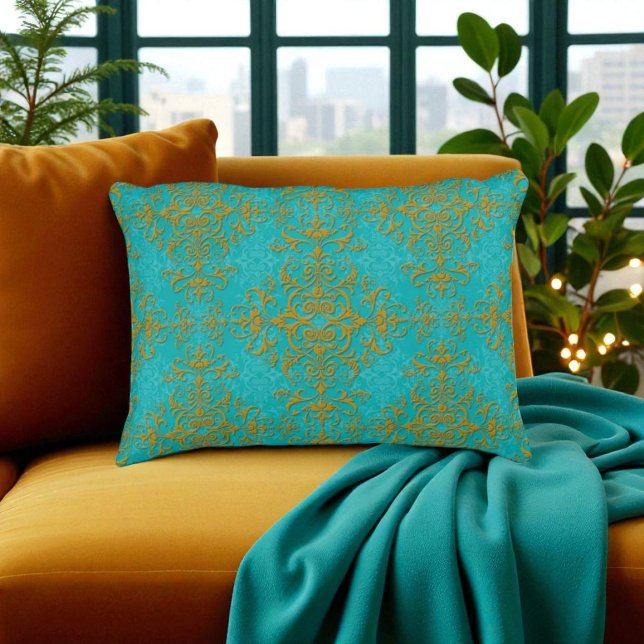Gold and Turquoise Damask Style Pattern Decorative Cushion (Creator Uploaded)