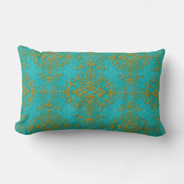 Gold and Turquoise Damask Style Pattern Lumbar Cushion (Front)