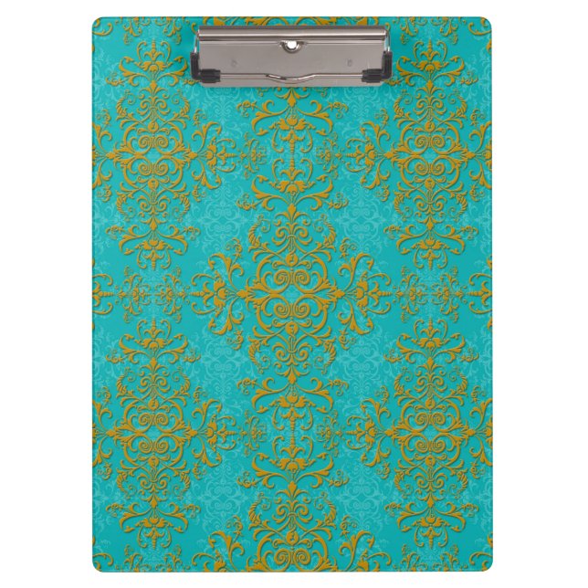 Gold and Turquoise Floral Damask Style Pattern Clipboard (Front)