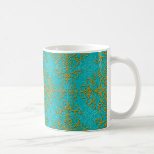 Gold and Turquoise Floral Damask Style Pattern Coffee Mug