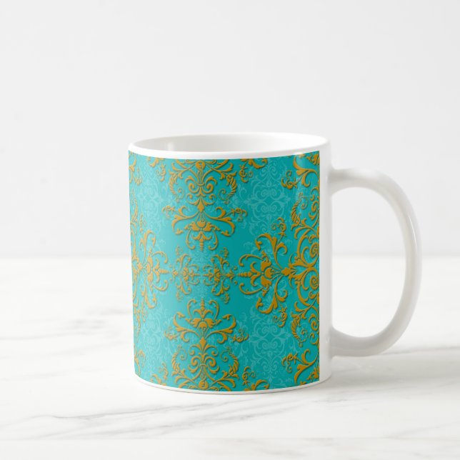 Gold and Turquoise Floral Damask Style Pattern Coffee Mug (Right)