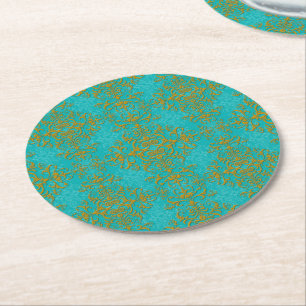 Gold and Turquoise Floral Damask Style Pattern Round Paper Coaster