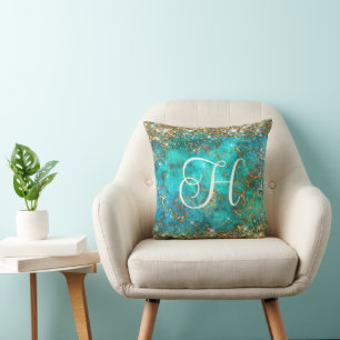 Gold and Turquoise Gemstone Glam Monogrammed Cushion