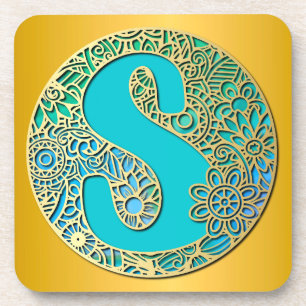Gold and Turquoise letter S and Colourful Flowers Coaster