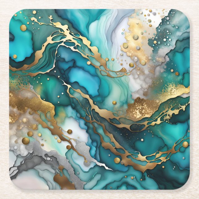 Gold and turquoise marble paper coasters (Front)