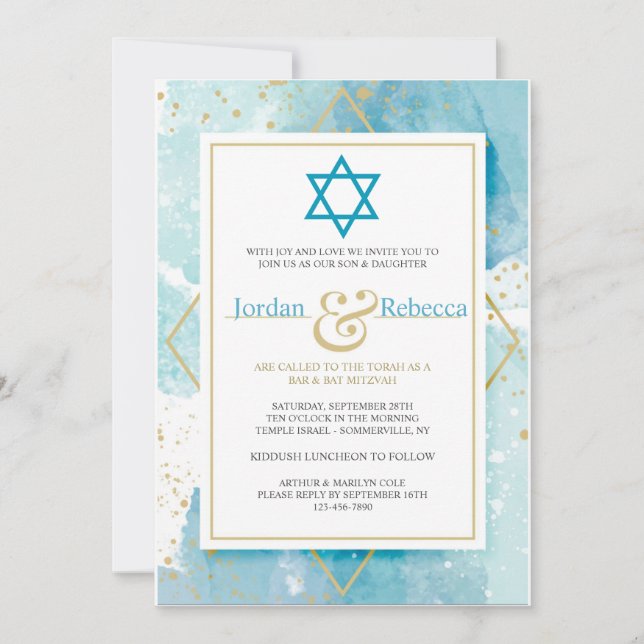 Gold and Turquoise Mitzvah Invitations (Front)